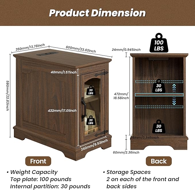 Narrow End Table with Storage, Farmhouse Side Table with Power Outlets & USB - Image 2