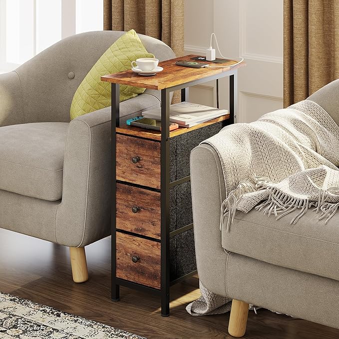 End Table with Charging Station, Narrow Side Table with 3 Fabric Drawers - Image 2