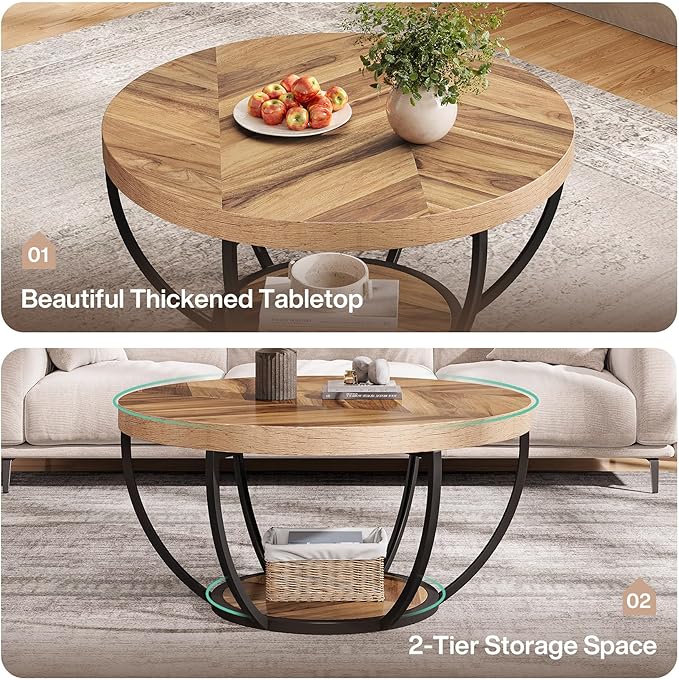 Tribesigns 31.7" Round Industrial Coffee Table - Image 6