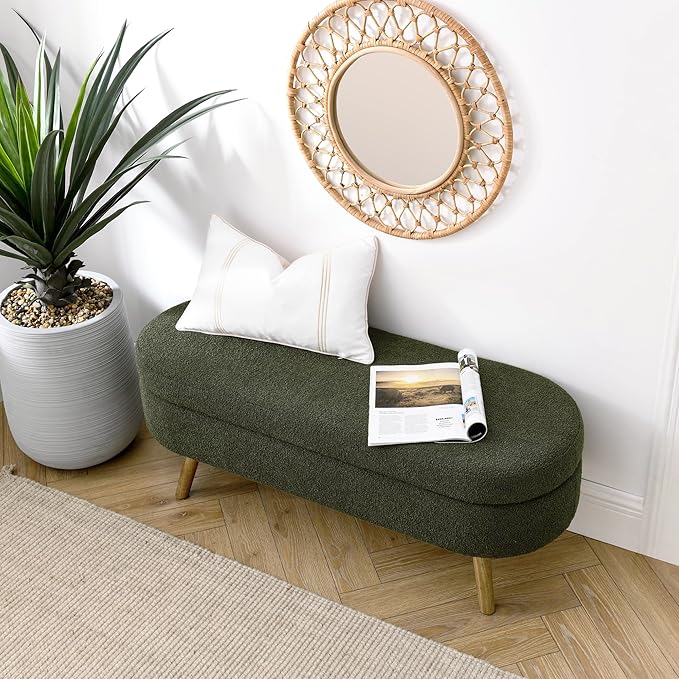 Oval Storage Bench 43.5" Linen Fabric Upholstered Entryway Bench - Image 3
