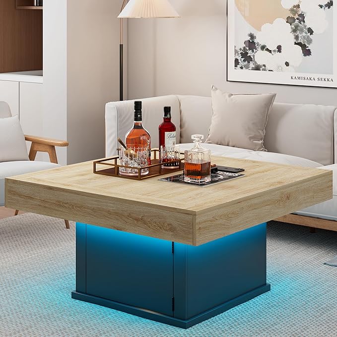 LED Coffee Tables for Living Room, Farmhouse Wood Coffee Table, 33.5" Square - Image 8