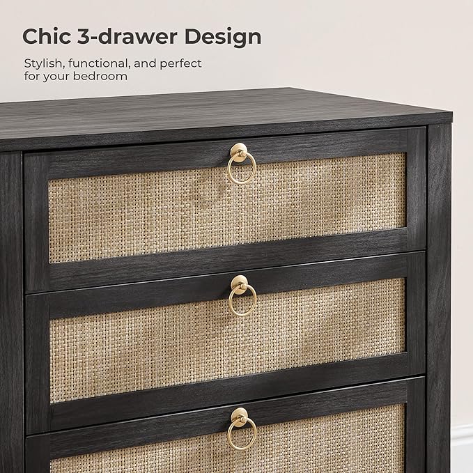 SICOTAS Night Stand with Drawers, Large Rattan Bedside Table with Golden Handle - Image 5