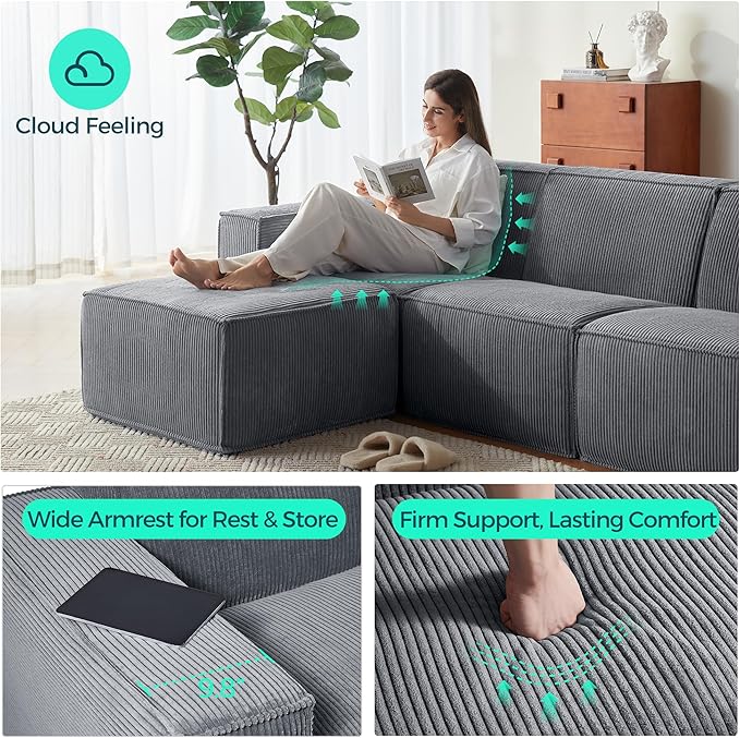 LINSY HOME Modular Sectional Sofa, Corduroy Sectional Cloud Couches - Image 3