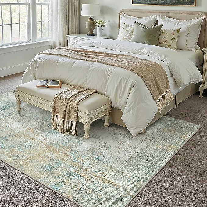 5x7 Washable Area Rug Teal Beige Modern Neutral Abstract Living Room Bedroom - Image 4