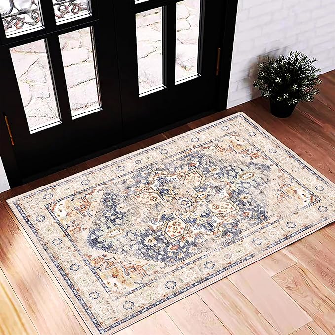 2'x3' Blue Khaki Area Rug Washable Door Mat Vintage Distressed Doormat Indoor by CHAMPLANT