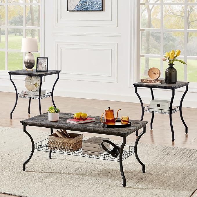 VECELO 3 Pieces Living Room Table Sets, Coffee and End Tables by VECELO