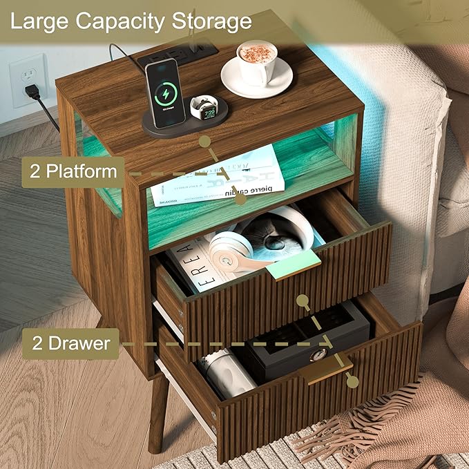 Nightstand with Charging Station and LED Lights, Modern Bedside Table with 2 - Image 6