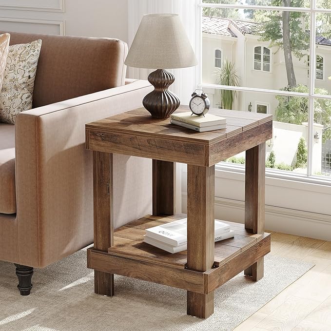 LITTLE TREE End Table Set of 2, All Wooden 2-Tier Square Side Table - Image 8