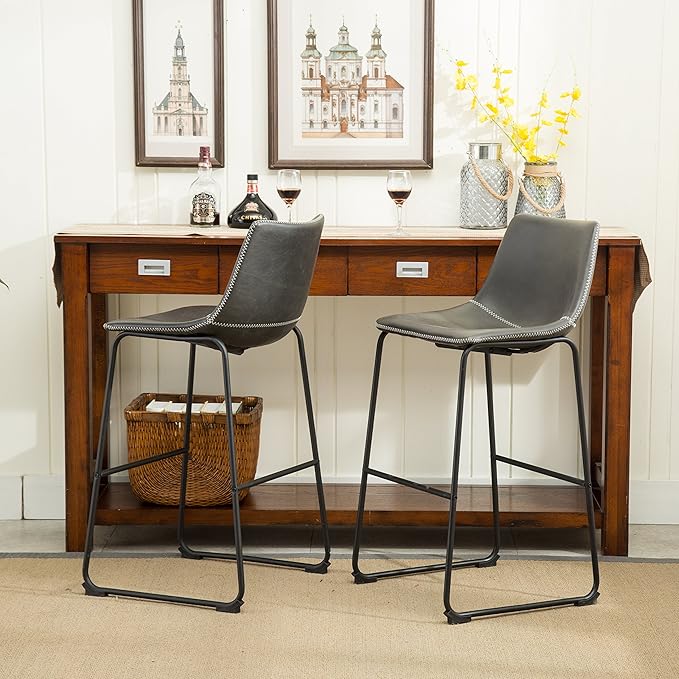 Roundhill Furniture Vintage PU Leather Bar Stools, Antique Gray - Image 7