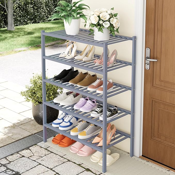 Smiry Shoe Rack, 5 Tier Thick Bamboo Shoe Organizer, Stackable Free Standing - Image 7