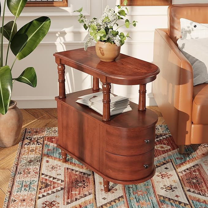 Wood End Table with 2 Drawers and Storage Shelf, Narrow Sofa Side Table by MIAUWUUFHOME