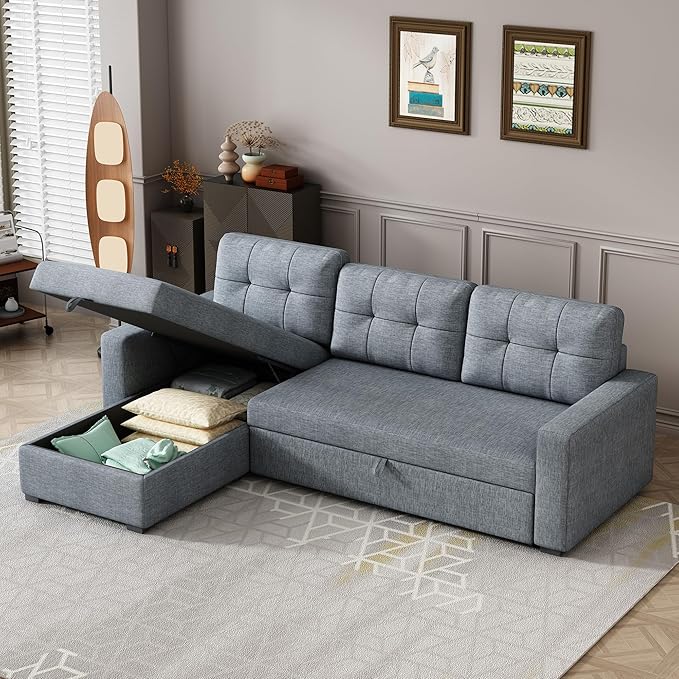 Ball & Cast L-Shape Reversible Sectional Sleeper Sofa Bed, Linen Upholstered 4 - Image 7