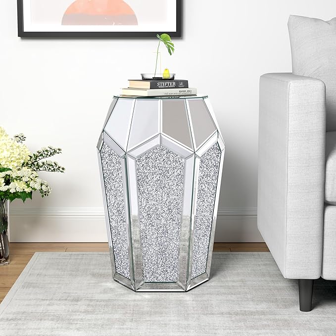ENENE Mirrored End Table Crystal Diamond Setting Coffee Table Silver Glass Side - Image 3