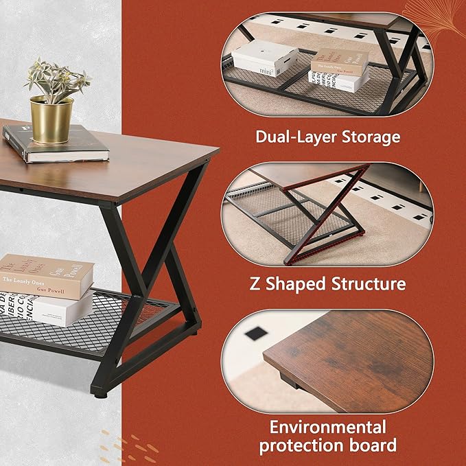 SENIG Coffee Table with Storage Shelf, Industrial Metal Wood Living Room Tables - Image 5