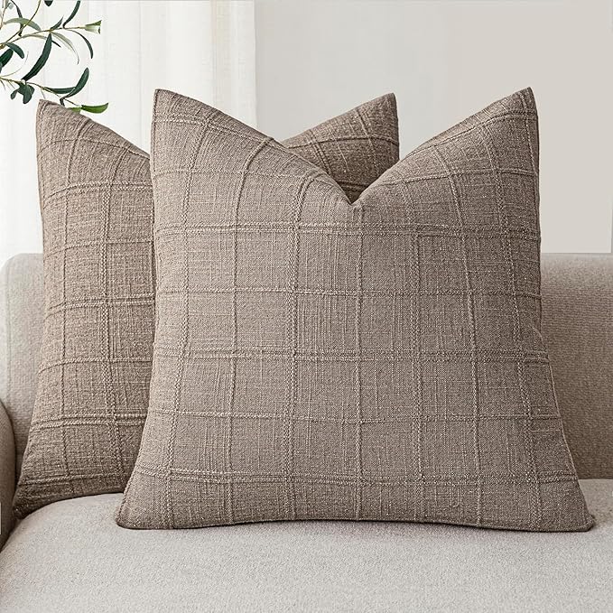 Foindtower Set of 2 Decorative Linen Check Throw Pillow Covers Neutral by Foindtower