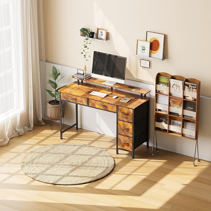 Computer Desk with 5 Drawers, Gaming Desk with LED Lights Power Outlets and - Image 4
