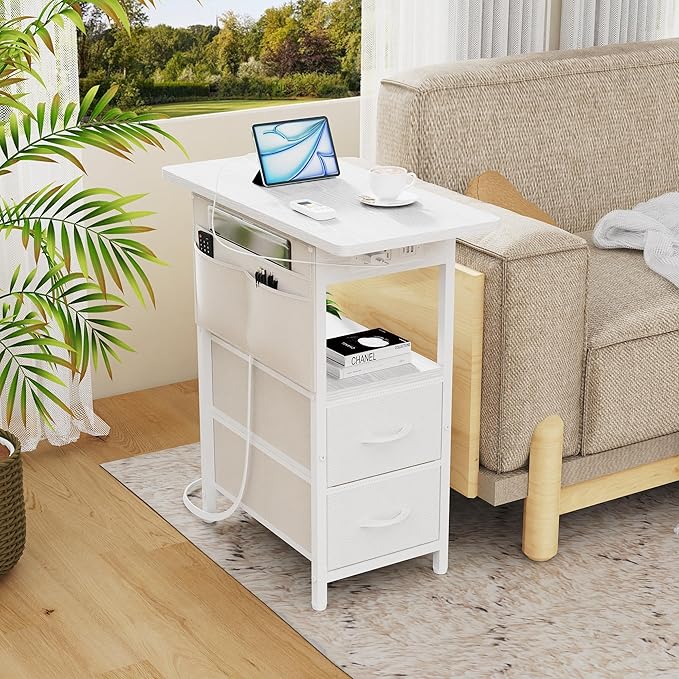Small Side Table with Charging Station, Narrow Nightstand Bedside Tables with - Image 7