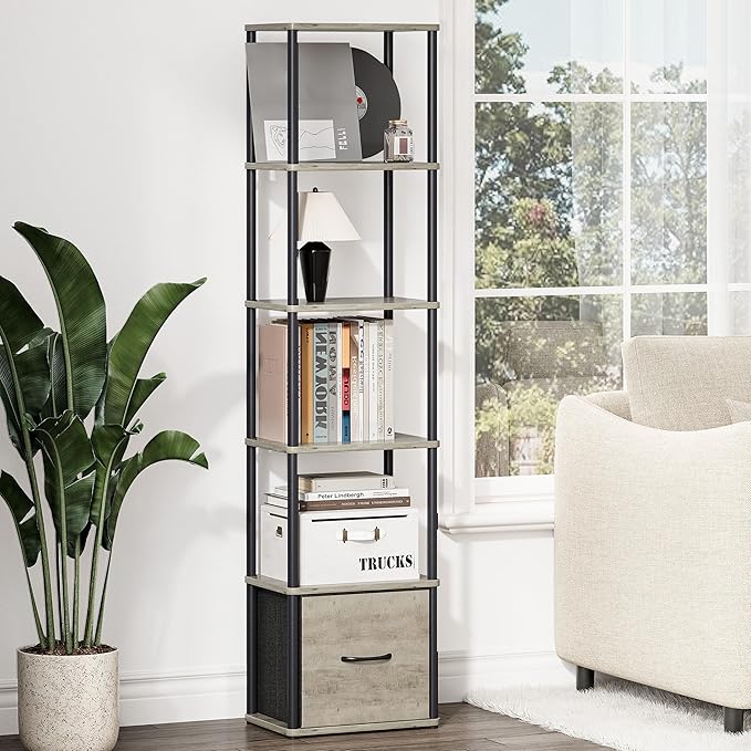 6-Tier Bookshelf with Drawer, Narrow Bookshelves Organizer, Floor Standing - Image 2