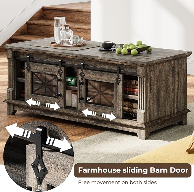 IRONCK 48'' Coffee Table with Sliding Barn Doors, Rustic Center Table with 6 - Image 5
