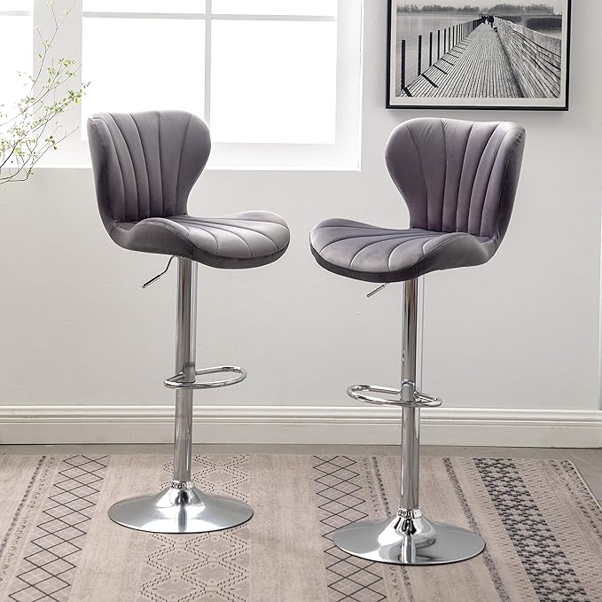 Roundhill Furniture Ellston Velvet Adjustable Swivel Barstools in Gray by RoundhillFurniture