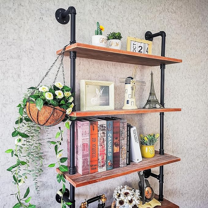 Pipe Industrial Shelves, Wall Mounted Wood Metal Ladder Rustic Bookshelf - Image 9