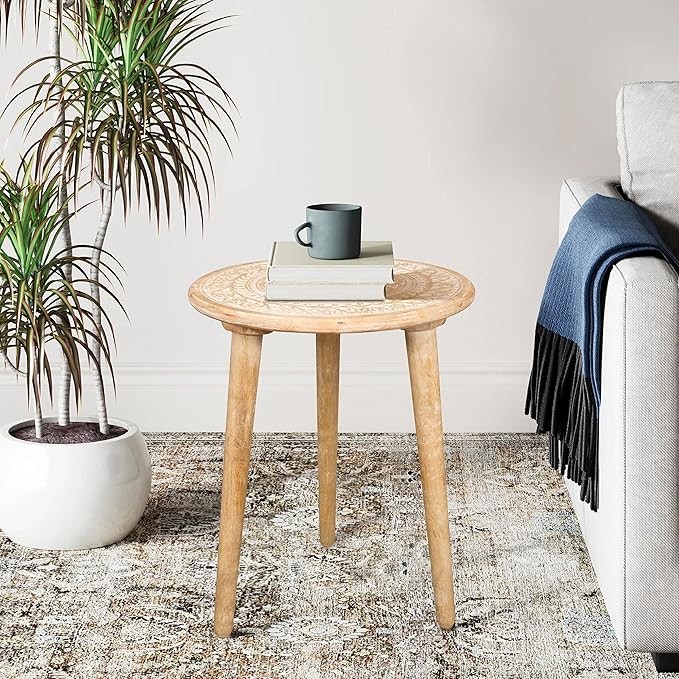 Wooden Table with 3 Legs Pillar, Carving End Tables, Round Coffee Tables - Image 2
