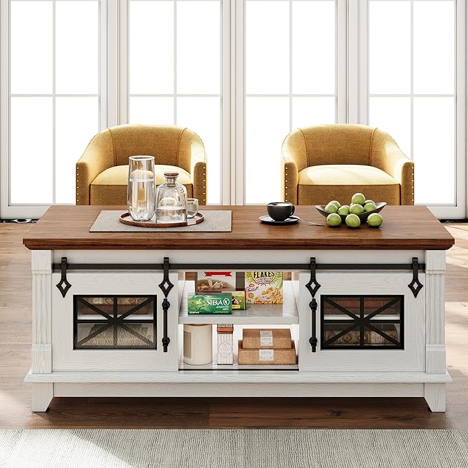 IRONCK 48'' Coffee Table with Sliding Barn Doors, Rustic Center Table with 6 - Image 8