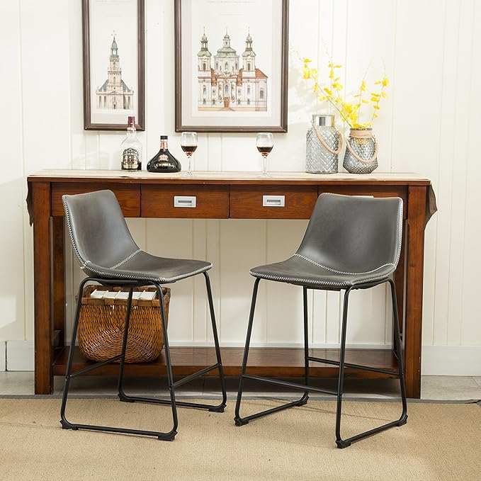Roundhill Furniture Vintage PU Leather Bar Stools, Antique Gray - Image 2