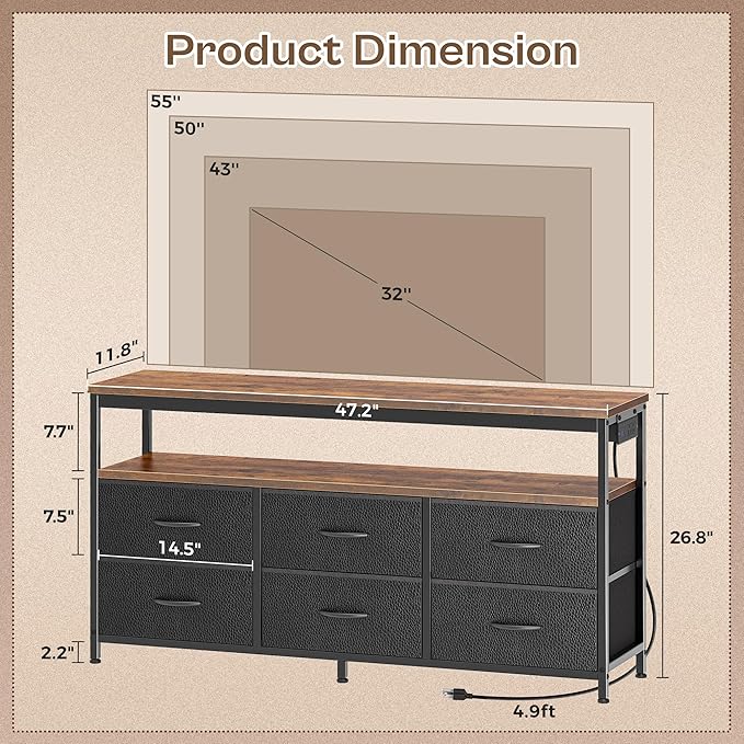 Huuger LED TV Stand for Bedroom, 47 Inch Dresser TV Stand for 43, 55 Inch TV - Image 2