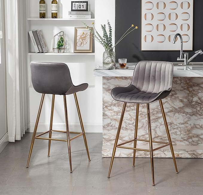Sidanli Gold Bar Stools Set of 2, 29” Velvet Barstools, Kitchen Chairs by Sidanli
