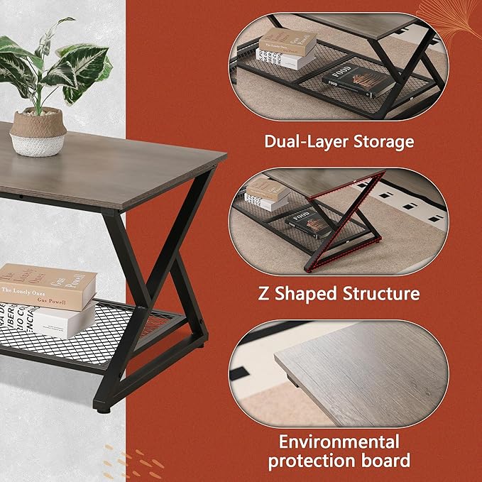 SENIG Coffee Table with Storage Shelf, Industrial Metal Wood Living Room Tables - Image 5