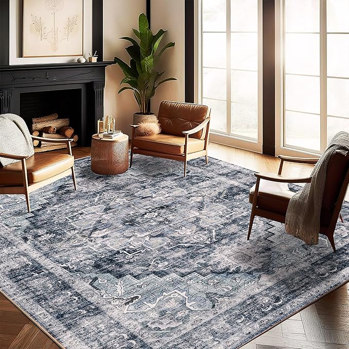 Washable Area Rug 10'x14' Dark Blue Retro Flowers Boho Design Non-Shedding Easy by CHAMPLANT