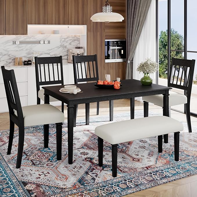 Merax 6-Piece Retro Dining Table Set, 6 Seats Wooden Rectangular Table by Merax