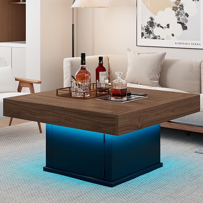 LED Coffee Tables for Living Room, Farmhouse Wood Coffee Table, 33.5" Square - Image 7