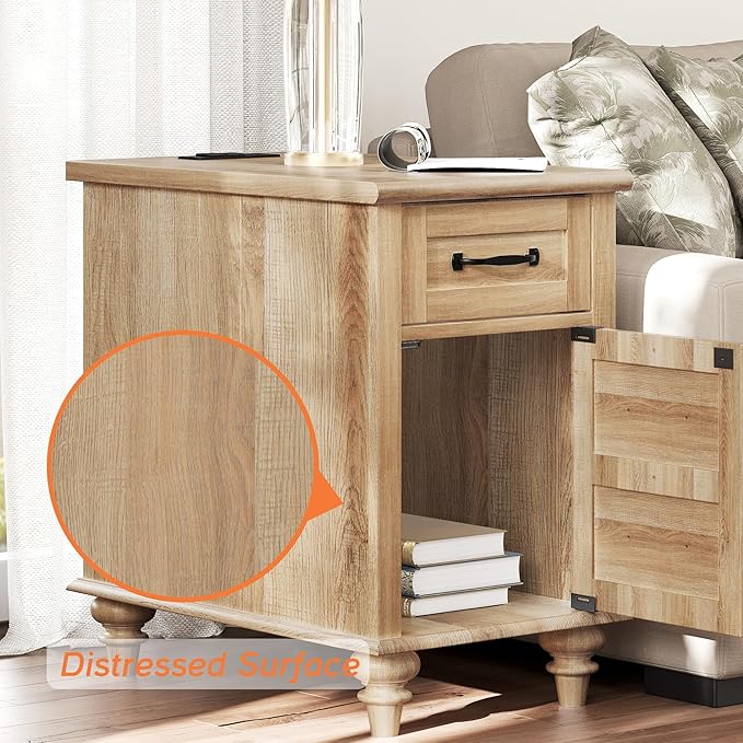 WAMPAT End Table with Charging Station, Wood Side Table with Drawer and Storage - Image 6