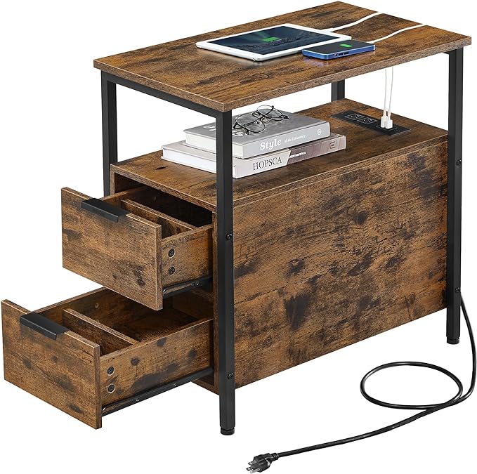 VASAGLE Side Table with Charging Station, Narrow End Table with 2 Drawers by VASAGLEbySONGMICSHOME