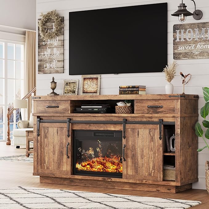 59'' Fireplace TV Stand with 3D Flame Electric Fireplace Heater, Entertainment - Image 6