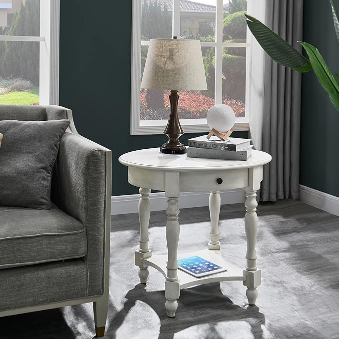 MODERION Oval End Table with Drawer, Solid Wood Sofa Side Storage Shelf - Image 4