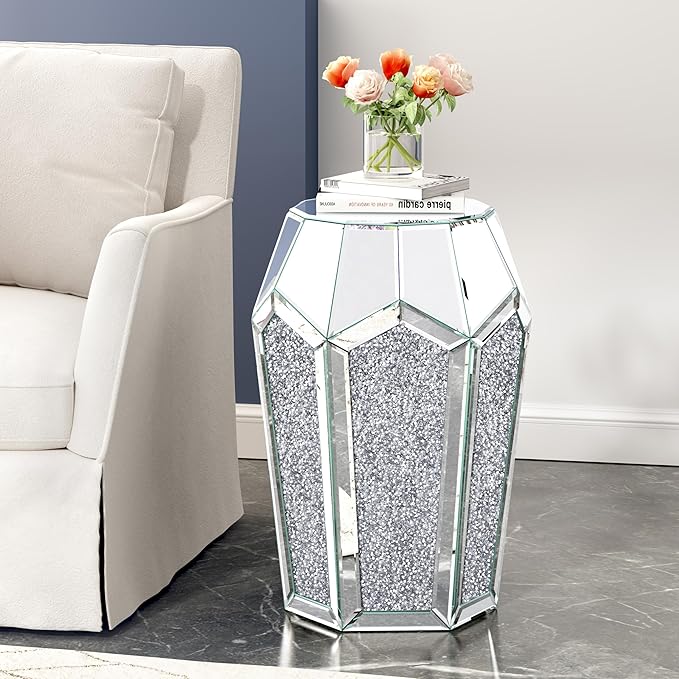 ENENE Mirrored End Table Crystal Diamond Setting Coffee Table Silver Glass Side - Image 5