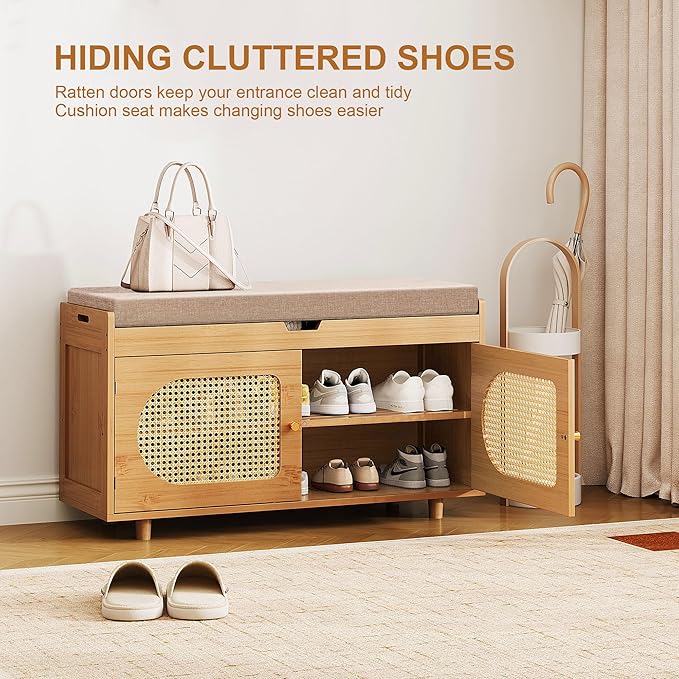Rattan Shoe Storage Bench, Bamboo Entryway Bench, 2-Tier Shoe Rack, 35.4" W x - Image 4