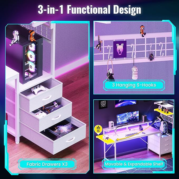PRAISUN 61.7" Gaming Desk with LED Lights & Outlets, Computer Desk with 3 - Image 7