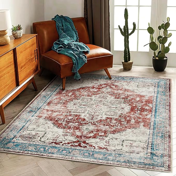 3'x5' Vintage Red Blue Washable Thin Area Rug Traditional Floor Cover Foldable by CHAMPLANT