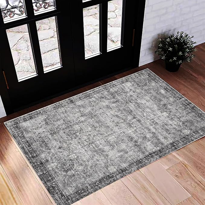 Washable Area Rug 2'x3' Door Mat Vintage Distressed Doormat Indoor Entrance by CHAMPLANT