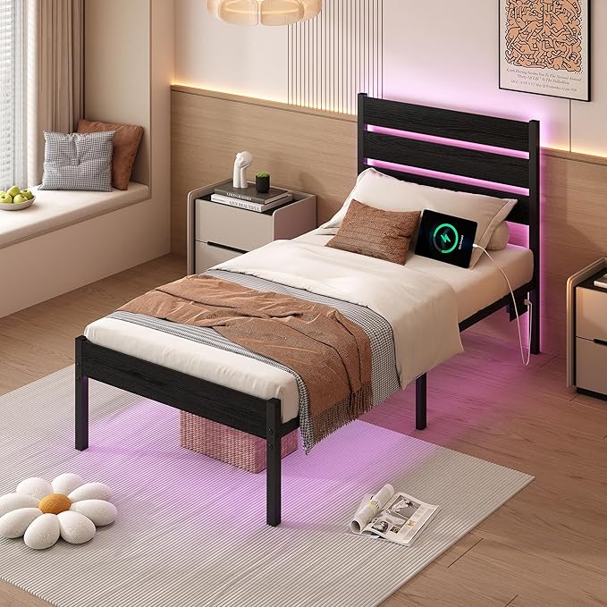 Twin Bed Frame with Headboard, Heavy Duty LED Bed Frame with USB Charging - Image 6