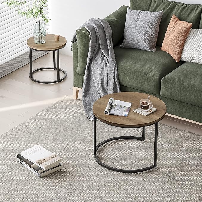 Smuxee Nesting Coffee Table Set of 2, 23.6" Round Coffee Table Wood Grain Top - Image 7