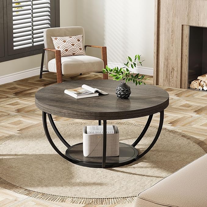 Tribesigns Round Coffee Table, 31.7" Wooden 2-Tier Circle Coffee Table - Image 3