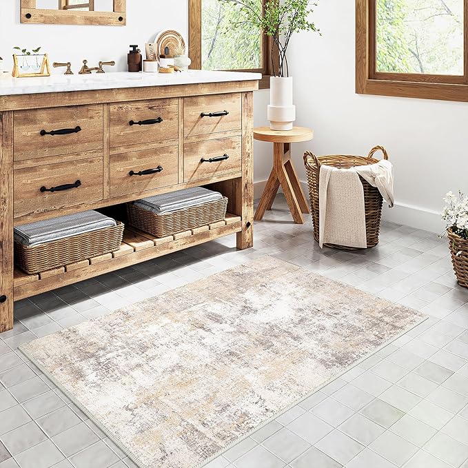 2x3 Washable Area Rug Beige Grey Neutral Abstract Entryway Kitchen Non Slip Low - Image 3