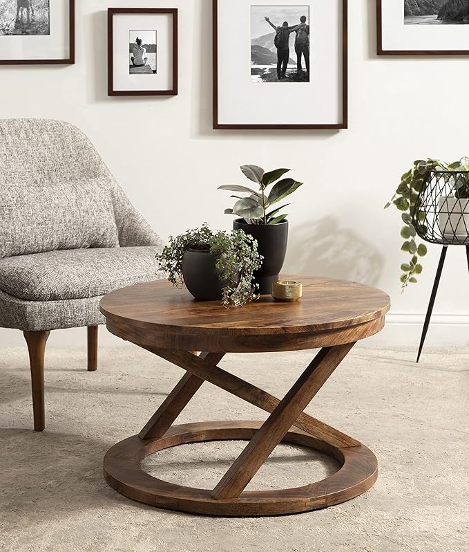 Kate and Laurel Aja Bohemian Round Wood Coffee Table; 26 inch Diameter; Walnut - Image 2