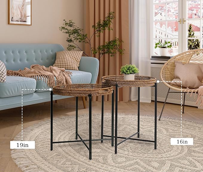 Brown Small Round End Table, 19in Rattan End Tables, Wicker Rattan Side Table - Image 8