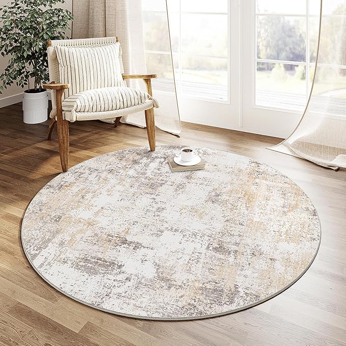3x3 Washable Round Rug Beige Grey Neutral Abstract Entryway Non Slip Low Pile by WondRg